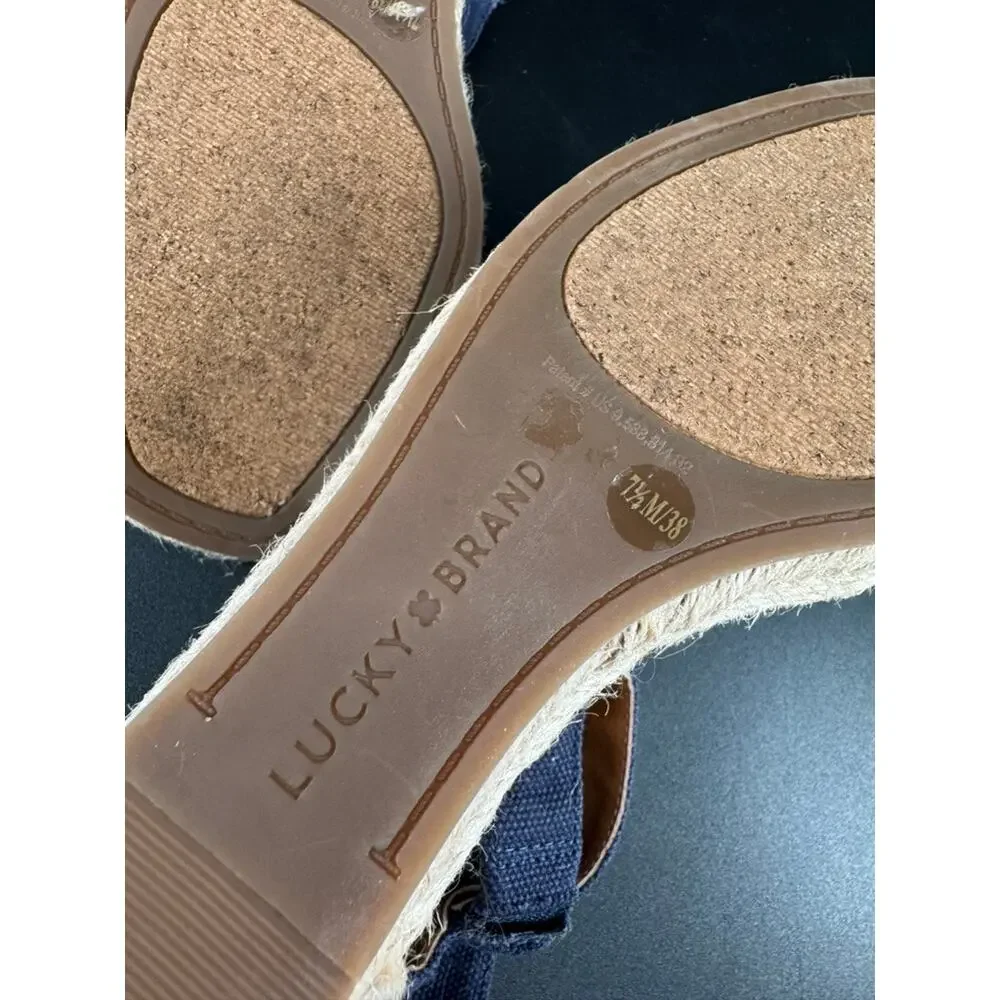Lucky Brand Mindra Espadrille Wedge Sandals 7.5M Indigo Blue Canvas Frayed